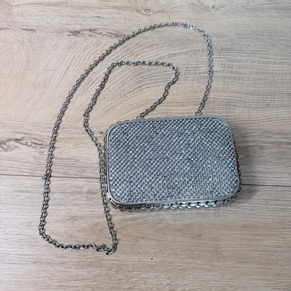 Cache Rhinestone Clutch Bag Women Small Silver Glam Hard Shell Studded Chain